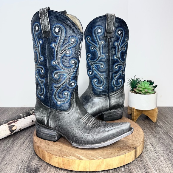 *Rockin Leather | Grey/Navy Western Distressed Leather Boots Size 6.5E - Picture 1 of 16